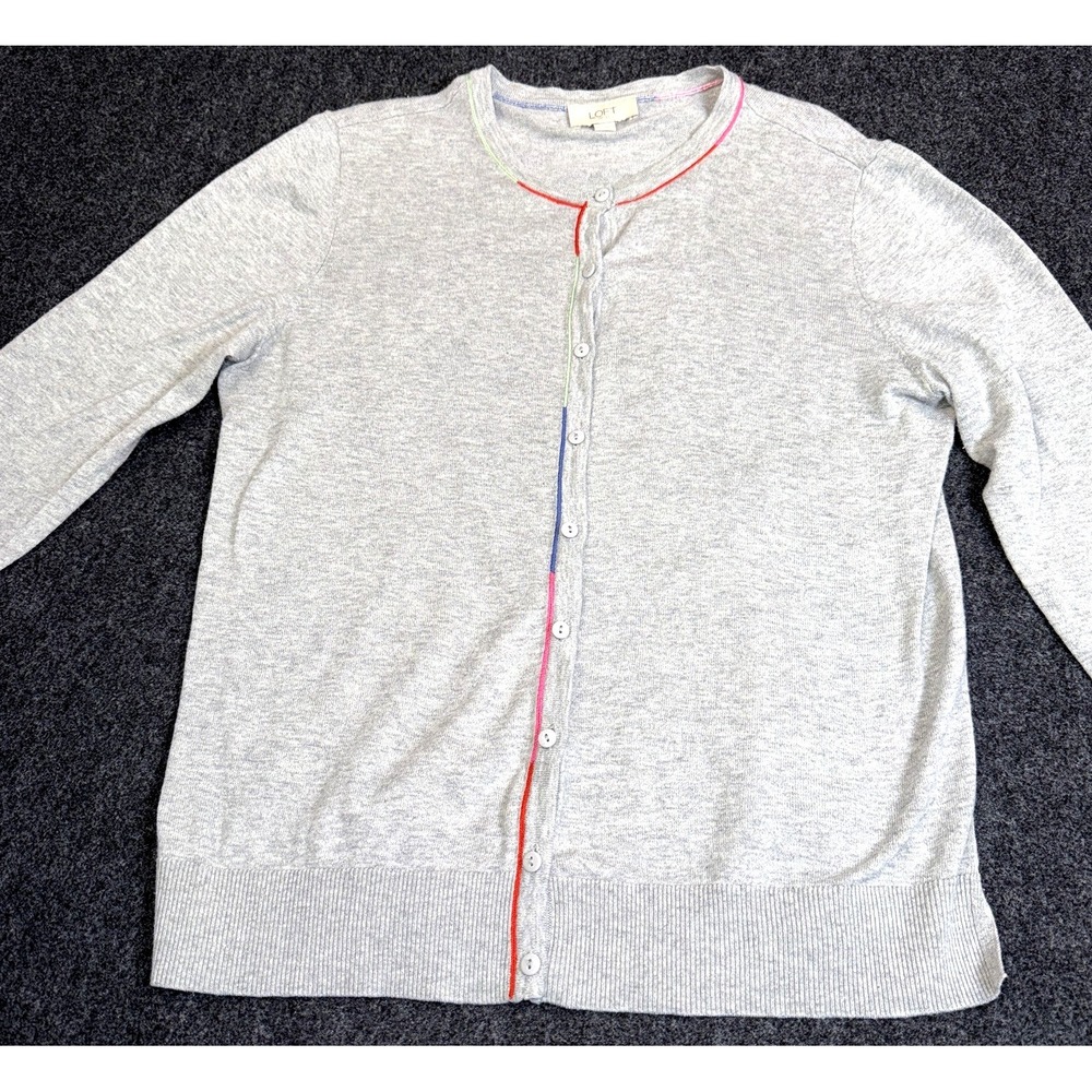 LOFT Women's Gray Cardigan Sweater Medium Button Front Rainbow Trim‎